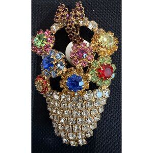 Vintage Brooch Large Rhinestone Flower Basket